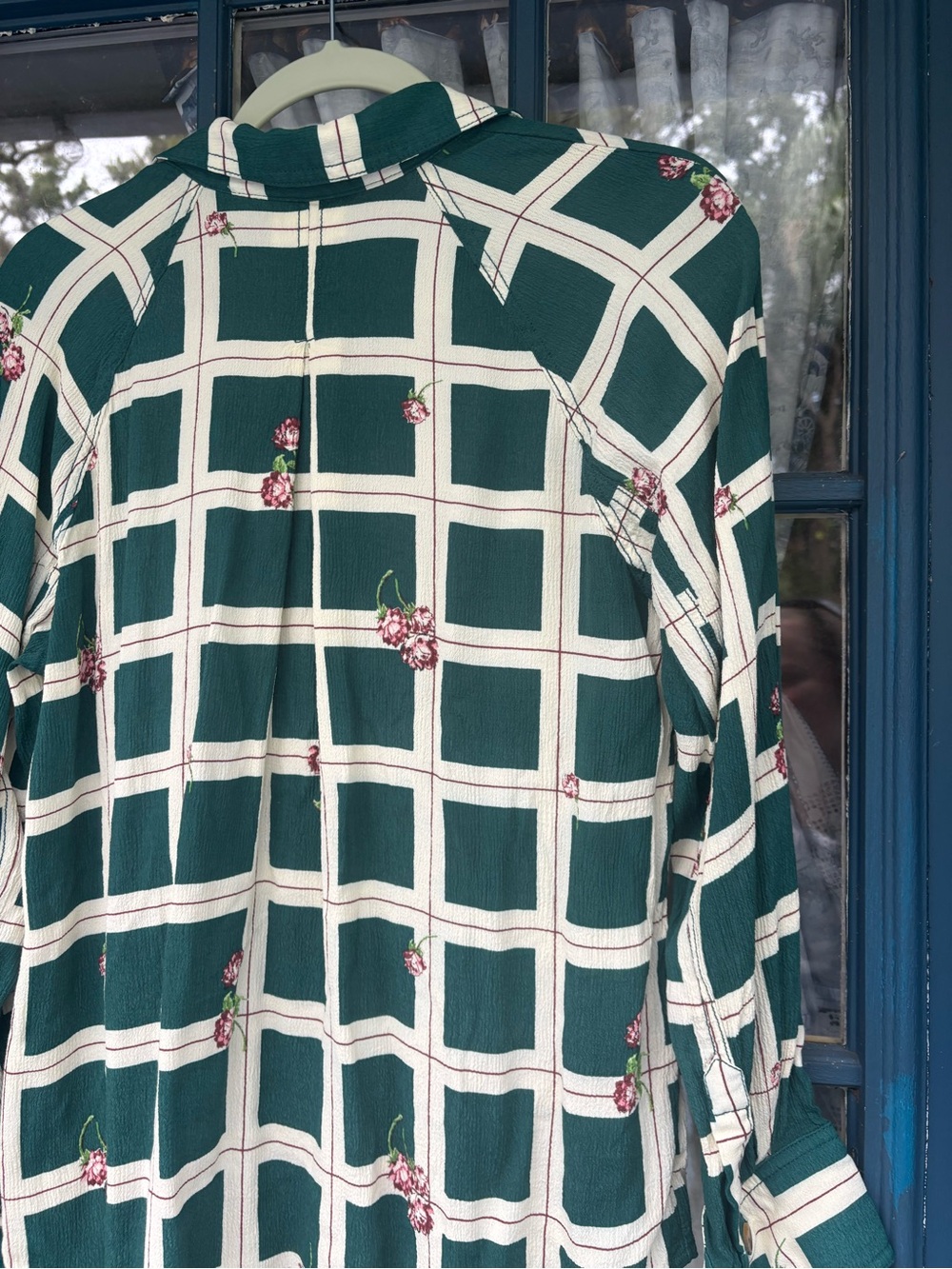 Free People Teal and Cream Floral Grid Shirt - Picture 4 of 5